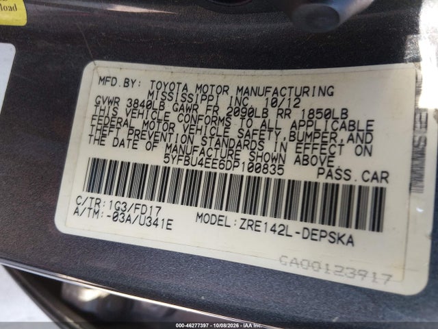 Продаж на аукціоні авто 2013 Toyota Corolla S, vin: 5YFBU4EE6DP100835, номер лоту: 46277397