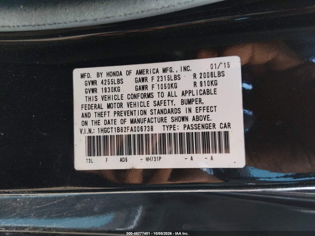 Продажа на аукционе авто 2015 Honda Accord Ex-l, vin: 1HGCT1B82FA006738, номер лота: 46277401