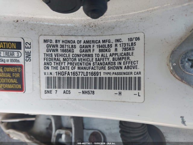 2007 Honda Civic Lx მანქანა იყიდება აუქციონზე, vin: 1HGFA16577L016691, აუქციონის ნომერი: 46277411