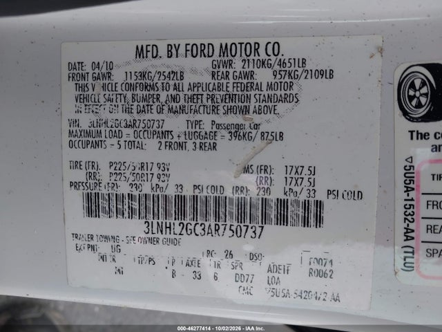 Продаж на аукціоні авто 2010 Lincoln Mkz, vin: 3LNHL2GC3AR750737, номер лоту: 46277414