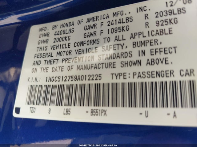 46277422 :رقم المزاد ، 1HGCS12759A012225 vin ، 2009 Honda Accord 2.4 Ex مزاد بيع
