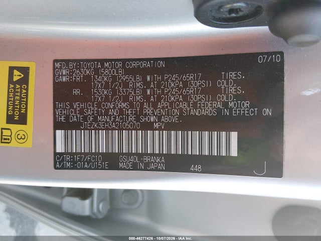 46277426 :رقم المزاد ، JTEZK3EH3A2105070 vin ، 2010 Toyota Highlander Base V6 مزاد بيع