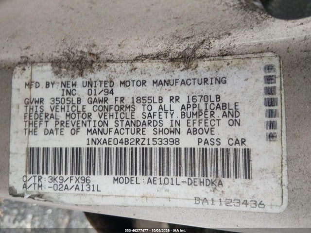 Aukcja sprzedaży 1994 Toyota Corolla, vin: 1NXAE04B2RZ153398, numer aukcji: 46277477