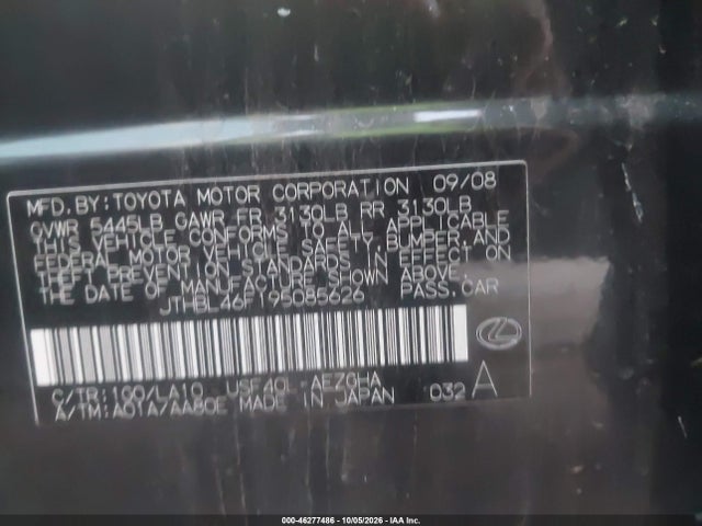 Продаж на аукціоні авто 2009 Lexus Ls 460, vin: JTHBL46F195085626, номер лоту: 46277486
