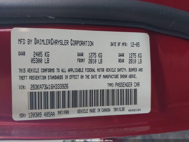46277489 :رقم المزاد ، 2B3KA73W16H333926 vin ، 2006 Dodge Charger Srt8 مزاد بيع