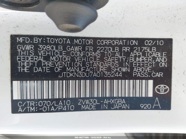 46277498 :رقم المزاد ، JTDKN3DU7A0135244 vin ، 2010 Toyota Prius Iv مزاد بيع