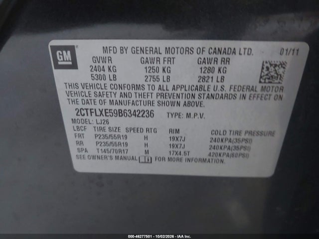 Aukcja sprzedaży 2011 Gmc Terrain Slt-2, vin: 2CTFLXE59B6342236, numer aukcji: 46277501