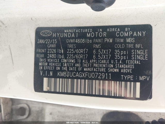 2015 Hyundai Tucson Se მანქანა იყიდება აუქციონზე, vin: KM8JUCAGXFU072911, აუქციონის ნომერი: 46277526