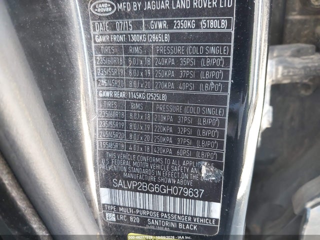 46277529 :رقم المزاد ، SALVP2BG6GH079637 vin ، 2016 Land Rover Range Rover Evoque Se/se Premium مزاد بيع