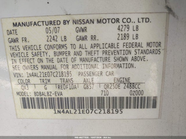 Aukcja sprzedaży 2007 Nissan Altima 2.5 S, vin: 1N4AL21E07C218195, numer aukcji: 46277535