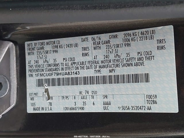 2017 Ford Escape S მანქანა იყიდება აუქციონზე, vin: 1FMCU0F79HUA83143, აუქციონის ნომერი: 46277536