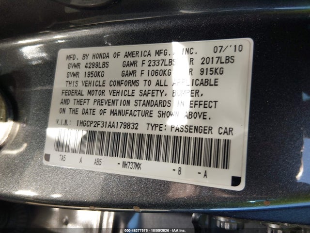 Aukcja sprzedaży 2010 Honda Accord 2.4 Lx, vin: 1HGCP2F31AA179832, numer aukcji: 46277575