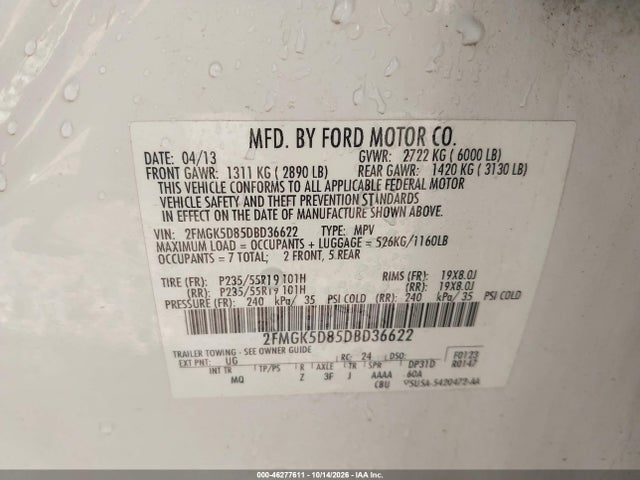 Aukcja sprzedaży 2013 Ford Flex Limited, vin: 2FMGK5D85DBD36622, numer aukcji: 46277611