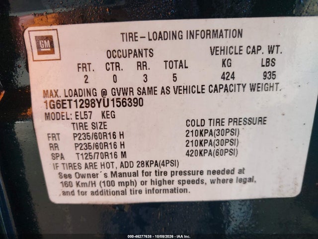 2000 Cadillac Eldorado Etc მანქანა იყიდება აუქციონზე, vin: 1G6ET1298YU156390, აუქციონის ნომერი: 46277638