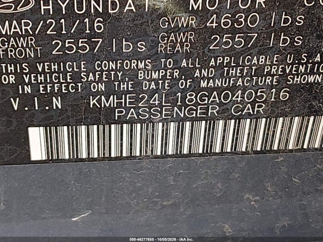 Aukcja sprzedaży 2016 Hyundai Sonata Hybrid Se, vin: KMHE24L18GA040516, numer aukcji: 46277655