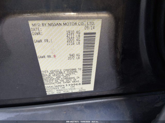 Продажа на аукционе авто 2015 Nissan Altima 2.5 S, vin: 1N4AL3AP6FN339968, номер лота: 46277673