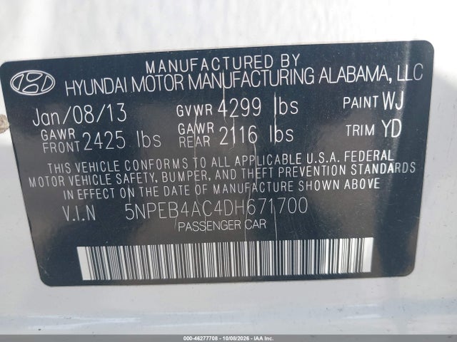 Продажа на аукционе авто 2013 Hyundai Sonata Gls, vin: 5NPEB4AC4DH671700, номер лота: 46277708