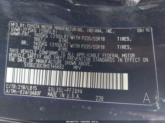 Продажа на аукционе авто 2017 Toyota Sienna Limited Premium 7 Passenger, vin: 5TDDZ3DC9HS146662, номер лота: 46277751