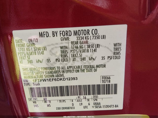 Продажа на аукционе авто 2013 Ford F-150 Xlt, vin: 1FTFW1EF6DKD12393, номер лота: 46277767