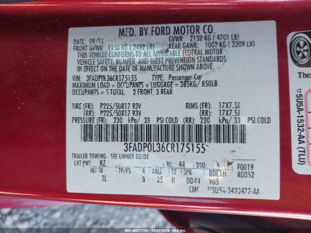 Aukcja sprzedaży 2012 Ford Fusion Hybrid, vin: 3FADP0L36CR175155, numer aukcji: 46277792