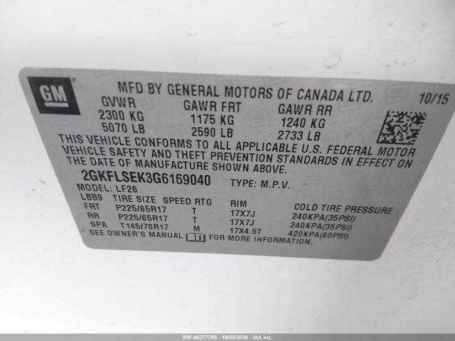 Aukcja sprzedaży 2016 Gmc Terrain Sle-1, vin: 2GKFLSEK3G6169040, numer aukcji: 46277793