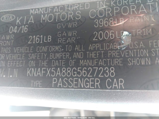 2016 Kia Forte Ex მანქანა იყიდება აუქციონზე, vin: KNAFX5A88G5627238, აუქციონის ნომერი: 46277826