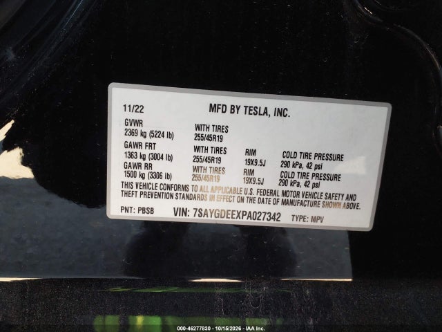 Auction sale of the 2023 Tesla Model Y Awd/long Range Dual Motor All-wheel Drive, vin: 7SAYGDEEXPA027342, lot number: 46277830