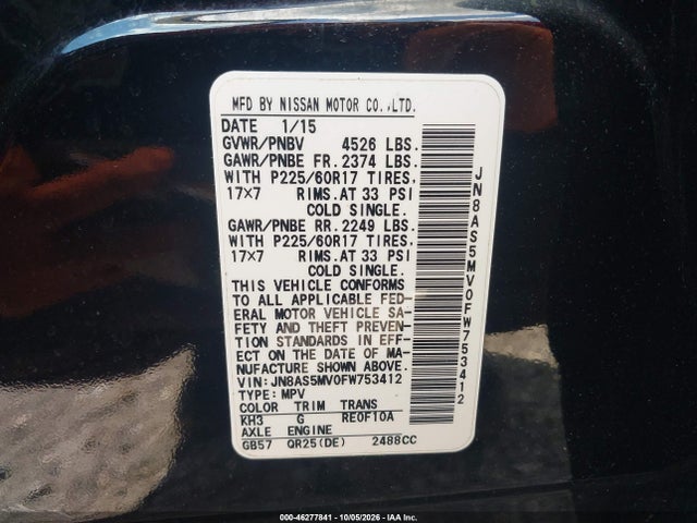 Продаж на аукціоні авто 2015 Nissan Rogue Select S, vin: JN8AS5MV0FW753412, номер лоту: 46277841