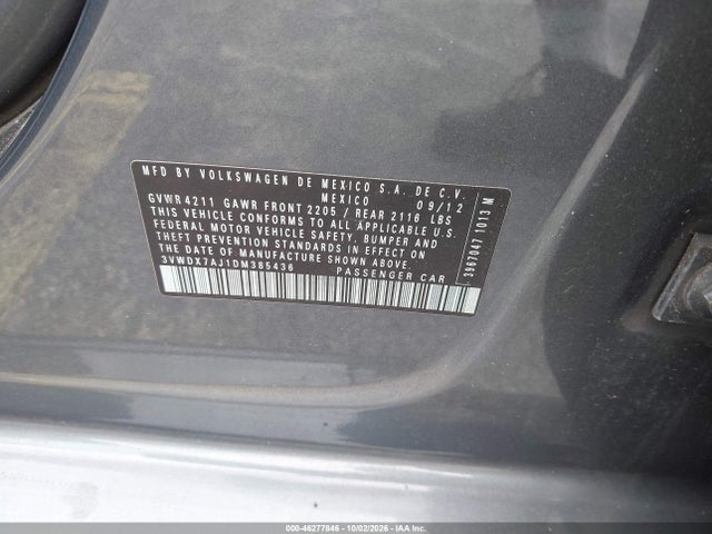 2013 Volkswagen Jetta 2.5l Se მანქანა იყიდება აუქციონზე, vin: 3VWDX7AJ1DM385436, აუქციონის ნომერი: 46277846