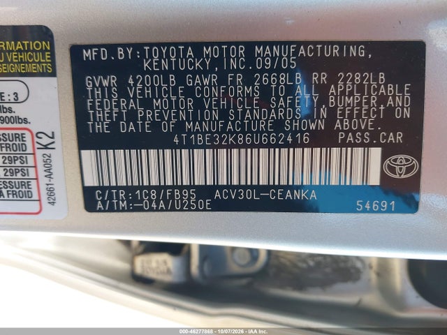 46277868 :رقم المزاد ، 4T1BE32K86U662416 vin ، 2006 Toyota Camry Le مزاد بيع