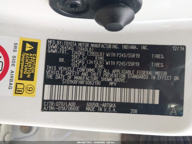 46277870 :رقم المزاد ، 5TDYKRFH8FS063190 vin ، 2015 Toyota Highlander Limited V6 مزاد بيع