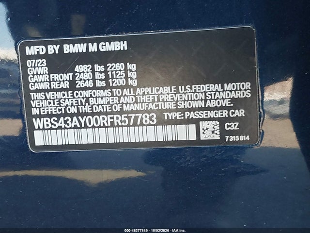 Aukcja sprzedaży 2024 Bmw M3 Competition Xdrive, vin: WBS43AY00RFR57783, numer aukcji: 46277889