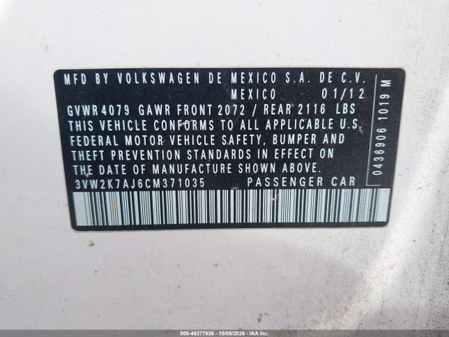 2012 Volkswagen Jetta 2.0l S მანქანა იყიდება აუქციონზე, vin: 3VW2K7AJ6CM371035, აუქციონის ნომერი: 46277936