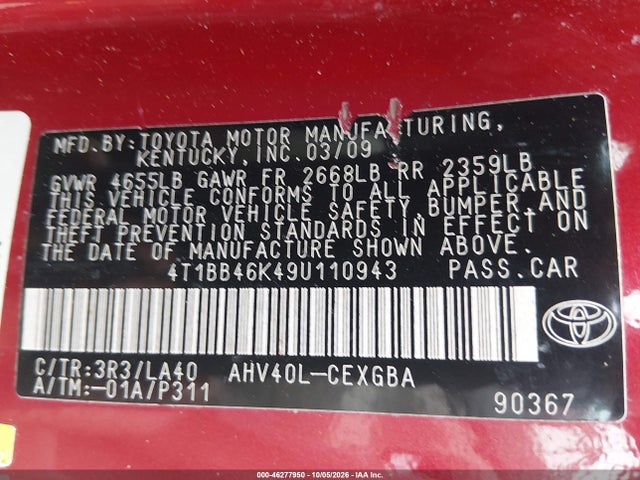 46277950 :رقم المزاد ، 4T1BB46K49U110943 vin ، 2009 Toyota Camry Hybrid مزاد بيع