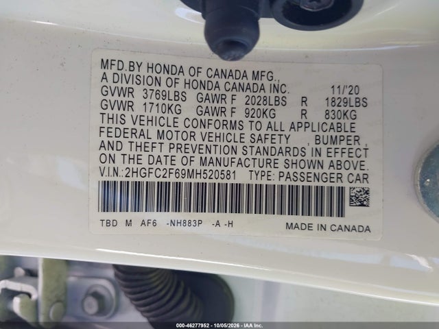 Aukcja sprzedaży 2021 Honda Civic Lx, vin: 2HGFC2F69MH520581, numer aukcji: 46277952