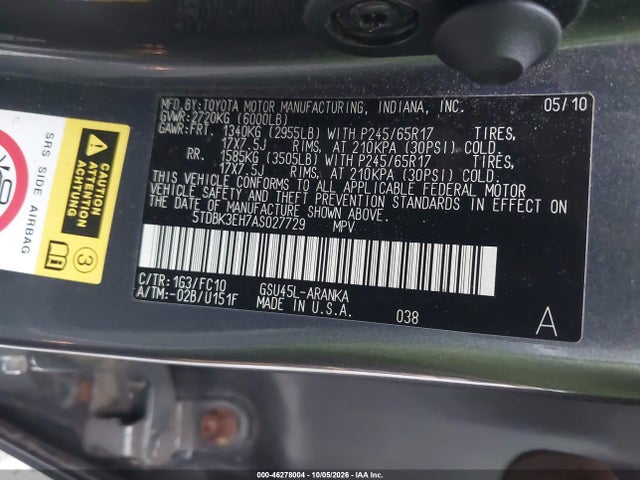 Aukcja sprzedaży 2010 Toyota Highlander Base V6, vin: 5TDBK3EH7AS027729, numer aukcji: 46278004
