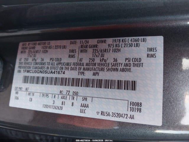 Продаж на аукціоні авто 2025 Ford Escape Active, vin: 1FMCU0GN0SUA41674, номер лоту: 46278034