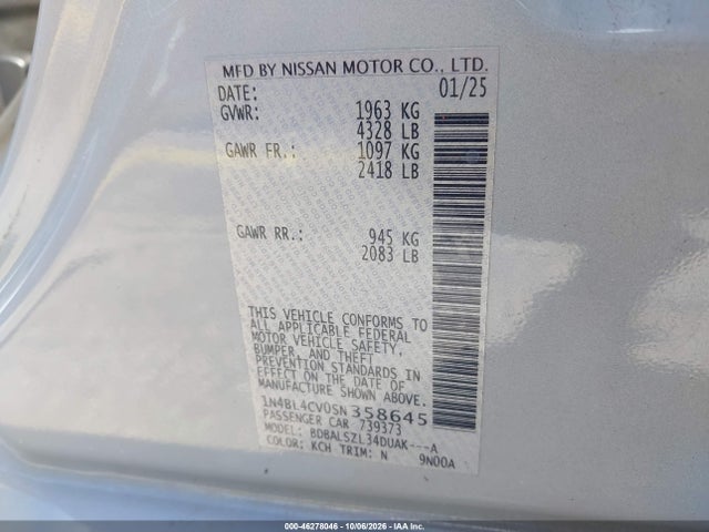 46278046 :رقم المزاد ، 1N4BL4CV0SN358645 vin ، 2025 Nissan Altima Sr Fwd مزاد بيع