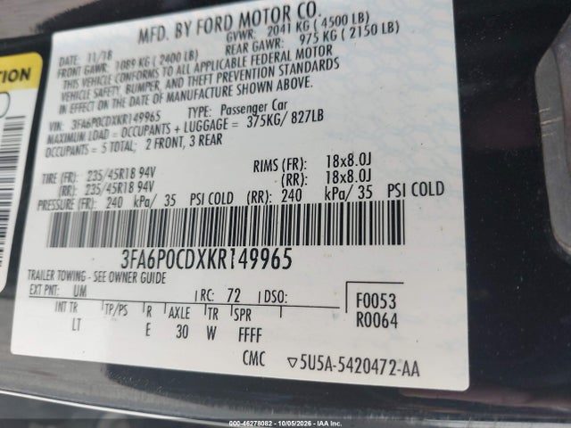 Продажа на аукционе авто 2019 Ford Fusion Sel, vin: 3FA6P0CDXKR149965, номер лота: 46278082