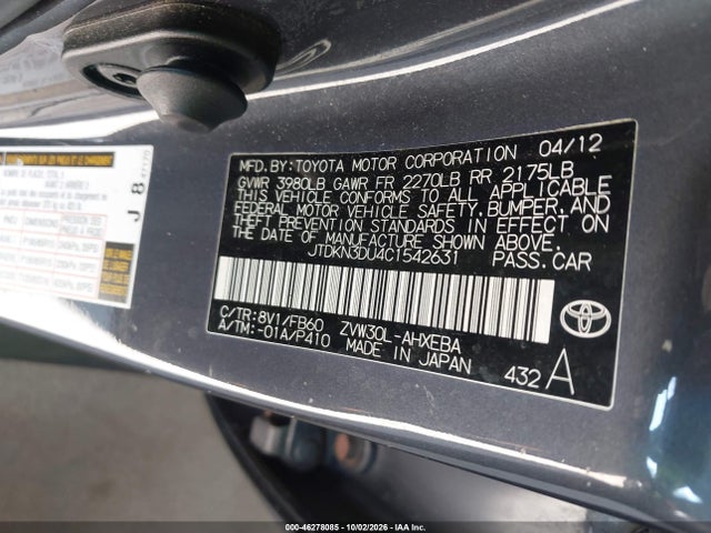 46278085 :رقم المزاد ، JTDKN3DU4C1542631 vin ، 2012 Toyota Prius Three مزاد بيع