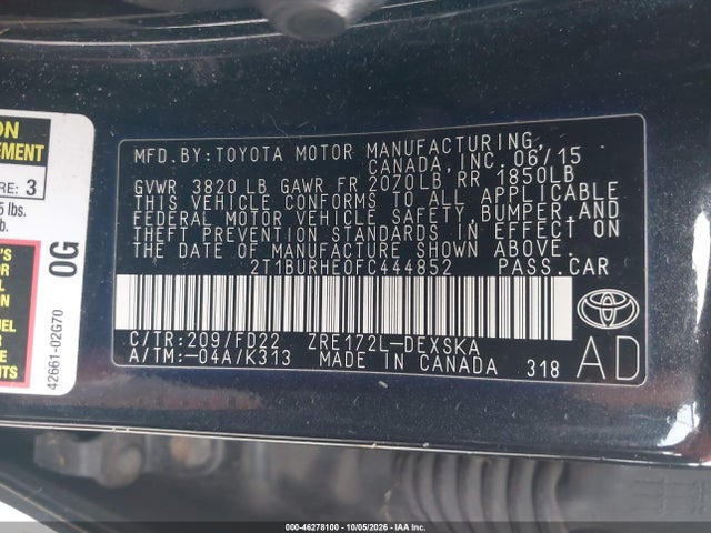 2015 Toyota Corolla S მანქანა იყიდება აუქციონზე, vin: 2T1BURHE0FC444852, აუქციონის ნომერი: 46278100