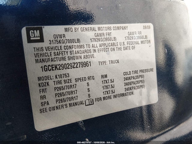 Aukcja sprzedaży 2009 Chevrolet Silverado 1500 Lt, vin: 1GCEK29029Z279961, numer aukcji: 46278107