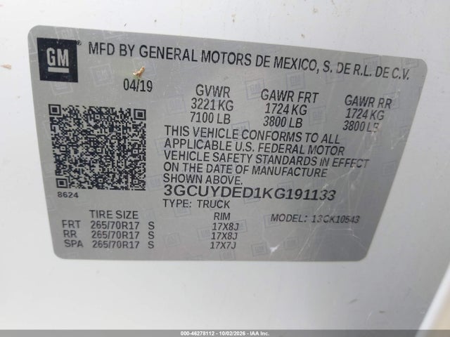 Продаж на аукціоні авто 2019 Chevrolet Silverado 1500 Lt, vin: 3GCUYDED1KG191133, номер лоту: 46278112