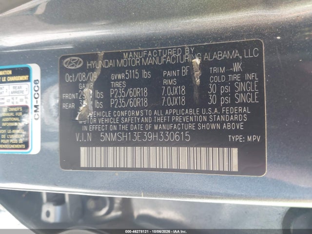 Продаж на аукціоні авто 2009 Hyundai Santa Fe Limited, vin: 5NMSH13E39H330615, номер лоту: 46278121