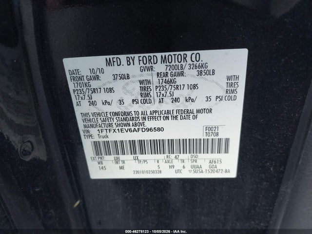 2010 Ford F-150 Fx4/lariat/xl/xlt მანქანა იყიდება აუქციონზე, vin: 1FTFX1EV6AFD96580, აუქციონის ნომერი: 46278123