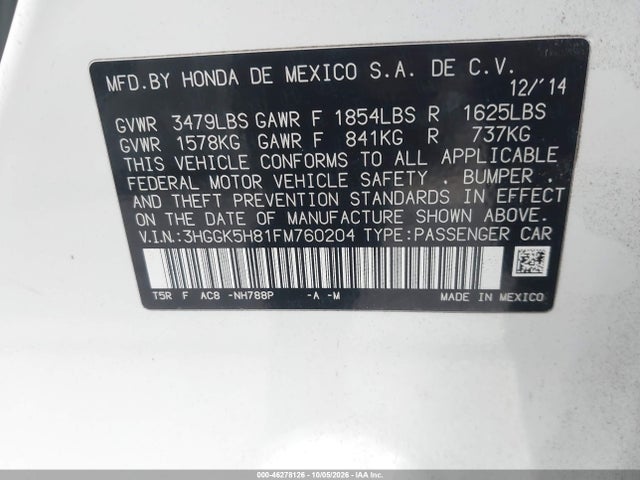 Продажа на аукционе авто 2015 Honda Fit Ex/ex-l, vin: 3HGGK5H81FM760204, номер лота: 46278126