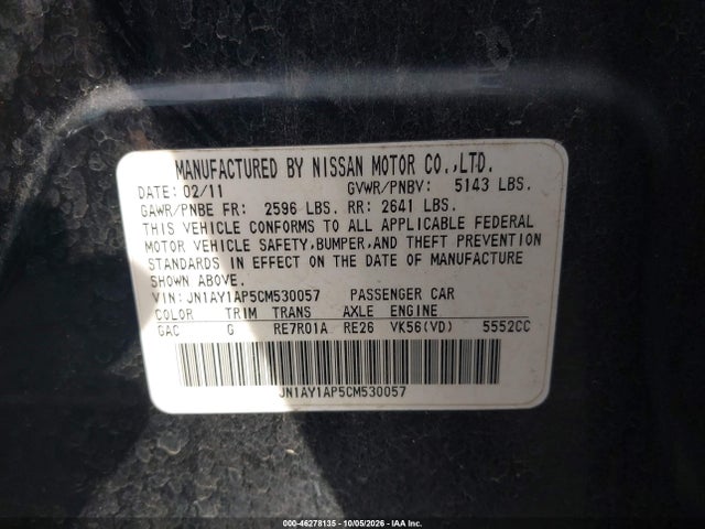 46278135 :رقم المزاد ، JN1AY1AP5CM530057 vin ، 2012 Infiniti M56 مزاد بيع
