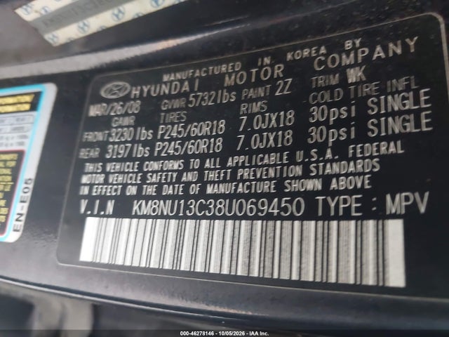 Продаж на аукціоні авто 2008 Hyundai Veracruz Gls/limited/se, vin: KM8NU13C38U069450, номер лоту: 46278146
