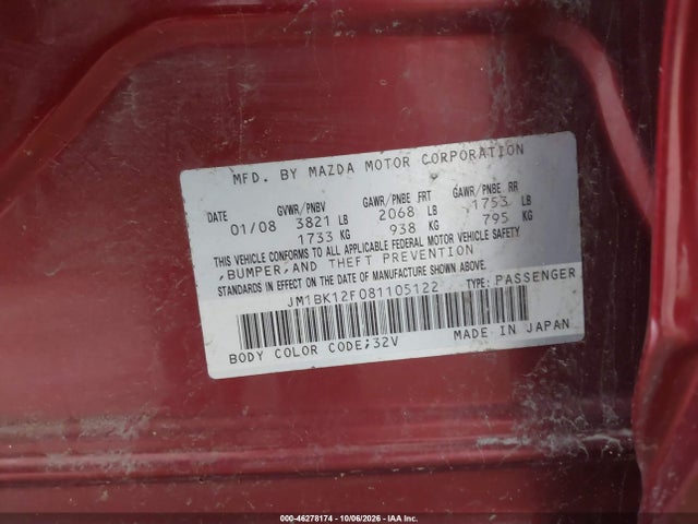 46278174 :رقم المزاد ، JM1BK12F081105122 vin ، 2008 Mazda Mazda3 I Sport مزاد بيع