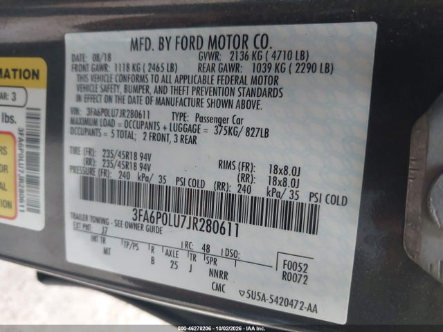 Продаж на аукціоні авто 2018 Ford Fusion Hybrid Se, vin: 3FA6P0LU7JR280611, номер лоту: 46278206